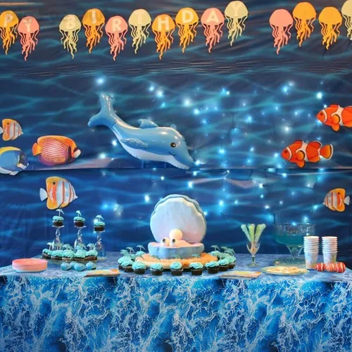 Vista 7 de Mantel de plástico con estampado de olas del océano azul bajo el mar, para playa, piscina, fiesta de cumpleaños, suministros de decoración