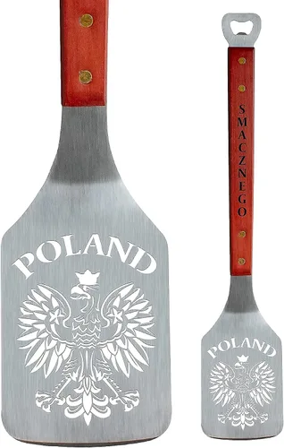 Vista 5 de Polart, Polish White Eagle - Espátula para parrilla de acero inoxidable con abridor de botellas y mango de madera, accesorios de parrilla