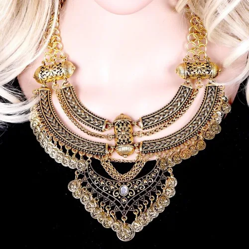 Vista 5 de Conjunto de collar y aretes para mujer, estilo étnico, étnico, étnico, gitano, grueso, para festivales