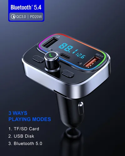 Vista 2 de Transmisor FM Bluetooth 5.4 para kit de adaptador de radio inalámbrico para automóvil, micrófono dual de llamadas manos libres, carga rápida de 18 W