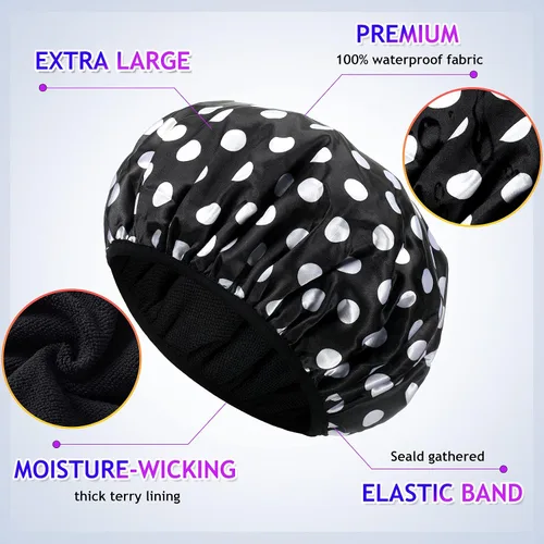Vista 3 de Geyoga 2 gorros de ducha con forro de rizo para mujer, sombrero de baño grande de triple capa con función de microfibra de cabello seco, gorro