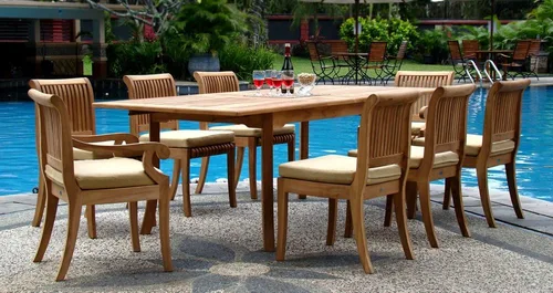 Vista 2 de Juego de comedor Grade-A de madera de teca de 8 plazas y 9 piezas: mesa rectangular de doble extensión de 94 pulgadas y 8 sillas Giva