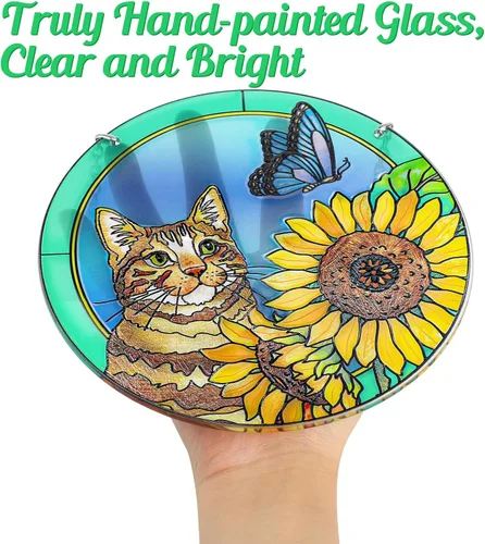 Vista 4 de Colgantes para ventana de vitrales con diseño de gato, girasol de mariposa, hecho a mano, regalo para amantes de los gatos y amantes