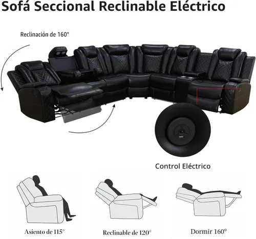 Vista 4 de FUOROLA Juego de sofá reclinable eléctrico con LED, sofá seccional reclinable de cuero transpirable para cine en casa con soporte para tazas Negro