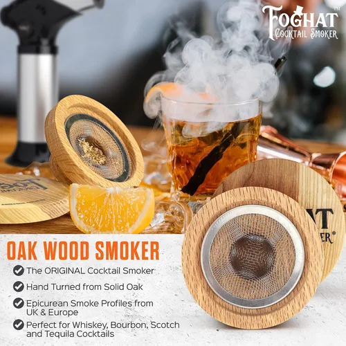 Vista 2 de Foghat Cocktail Smoker - Kit ahumador de cócteles Foghat con combustible de virutas de madera de roble de barricas de whiskey bourbon, nogal ginebra