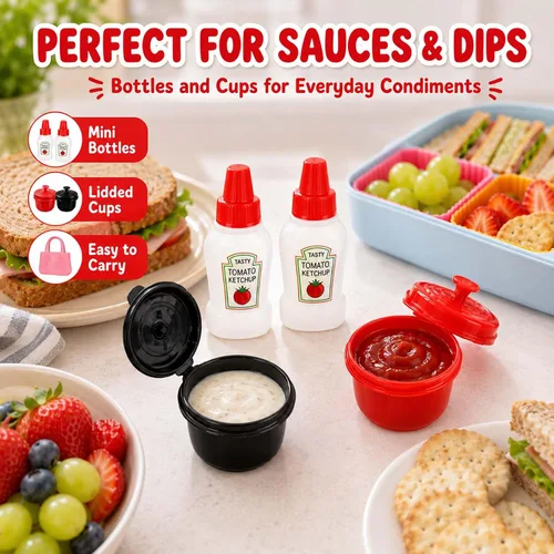 Vista 6 de Juego de 32 piezas de accesorios de caja Bento, divisores de silicona para lonchera, mini botella de ketchup, contenedor de aderezo para ensaladas