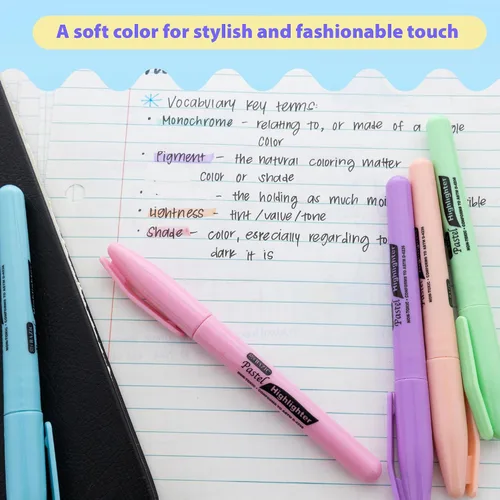 Vista 3 de BAZIC PRODUCTS Resaltadores pastel surtidos, estilo bolígrafo, clip de bolsillo, punta de cincel, 5 unidades, tinta pastel de secado rápido