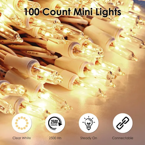 Vista 2 de Meteds Luces de Navidad, 50 unidades, luces pequeñas, transparentes, cable blanco, certificado UL, conectables, color blanco cálido, tira de luces