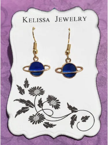 Vista 2 de Blue Planet Earrings, Gold Base Saturn Earrings, Outer Space Gift