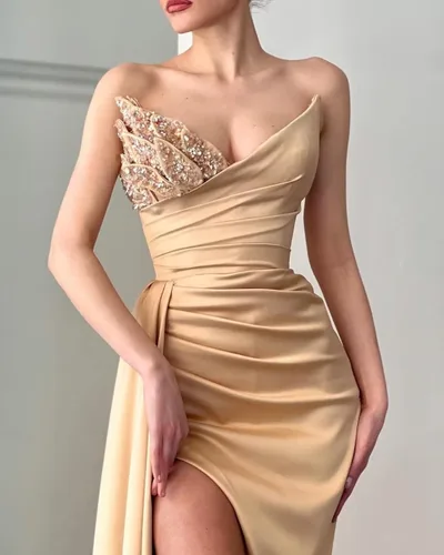 Vista 5 de Sirena lentejuelas con cuentas de satén vestidos de baile largo hendidura formal vestido de noche sin tirantes vestido de invitado de boda sin