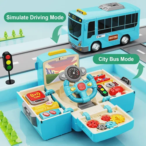 Vista 2 de HONGTUO Juguete de Autobús con Sonido y Luz, Juguete de Volante de Simulación con Engranajes, Juguetes de Autobús para Niños Pequeños con Música