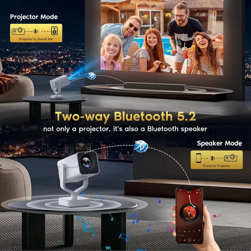 Vista 6 de Mini proyector portátil con WiFi 6 y Bluetooth 5.2 Android, soporte 1080P 4K con aplicaciones integradas, 200 lúmenes ANSI, corrección Keystone