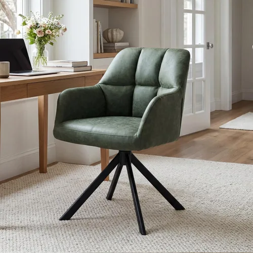 Vista 13 de EALSON Cómoda silla de escritorio de cuero, moderna silla de trabajo para computadora, sin ruedas, silla giratoria con brazo de respaldo medio
