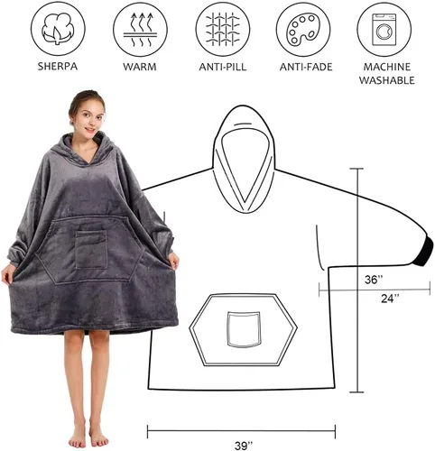 Vista 2 de REDESS Blanket Hoodie Sweatshirt, Wearable Blanket Oversized Sherpa with Sleeves and Giant Pocket, Cozy Hoodie for Adult Kids