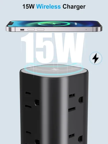 Vista 4 de Regleta de alimentación con cargador inalámbrico, protector de sobretensiones de enchufe plano con cable de extensión de 6 pies, 12 tomas