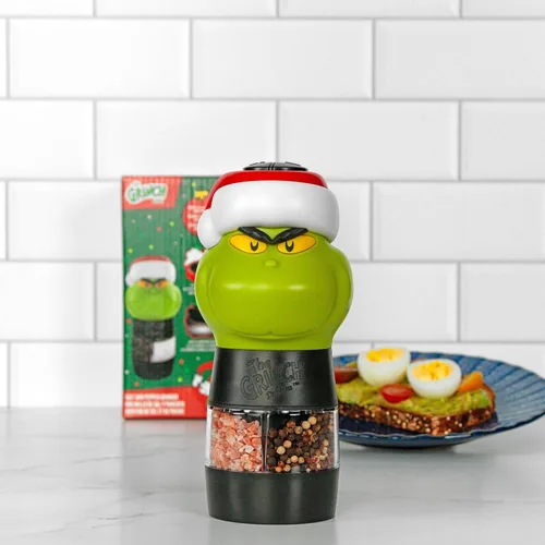 Vista 3 de Uncanny Brands Dr. Suess The Grinch - Molinillo de sal y pimienta - Molinillo eléctrico de doble cámara con grosor ajustable y luz LED - Funciona