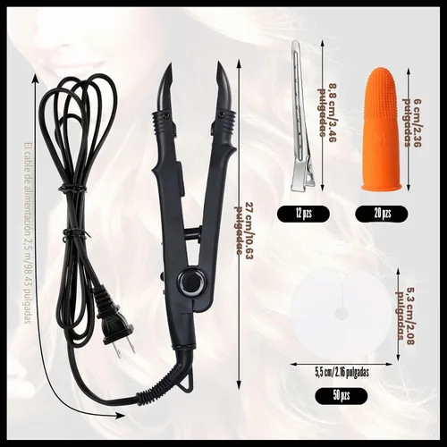 Vista 2 de Kit de extensión de cabello de queratina: plancha térmica, gránulos de pegamento de queratina, plantillas protectoras, pinzas para el cabello y Negro