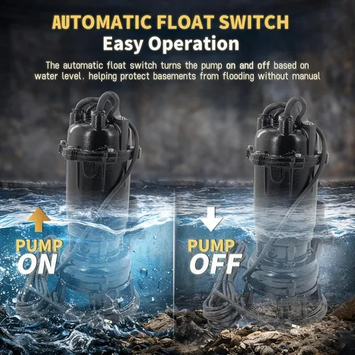 Vista 6 de Bomba sumergible de sumidero para amoladora de aguas residuales, 2HP 110V 1500W, 6498 GPH Bomba de sumidero de hierro fundido con interruptor