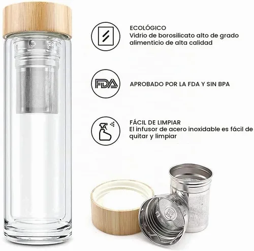 Vista 3 de Botella de té COMI, 14 oz, vidrio de borosilicato, de doble pared, con infusor y colador, tapa de bambú, 400ml
