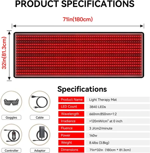 Vista 3 de Megelin Alfombrilla de terapia de luz roja para todo el cuerpo, 3840 piezas LED de 660 nm y 850 nm, dispositivo de terapia de luz infrarroja de 71 x