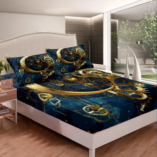 Vista 2 de Manfei Gears - Sábana bajera ajustable tamaño individual, funda de cama dorada con 1 funda de almohada, estilo steampunk, 2 piezas para decoración