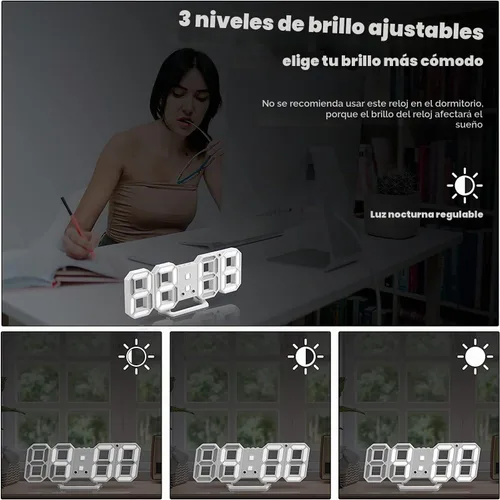 Vista 3 de Reloj despertador de pared digital LED 3D, 9.5 pulgadas, 3 brillos de 12/24 horas, color blanco