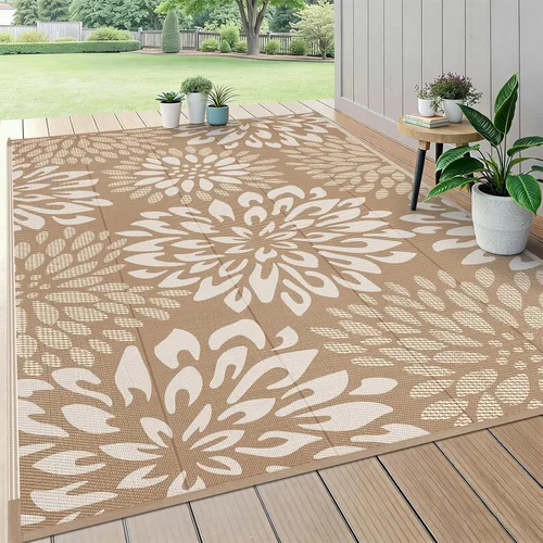 Vista 14 de HEBE Alfombra impermeable para exteriores de 5 x 8 pies para patios, alfombra de paja de plástico reversible floral, alfombra de patio, alfombra