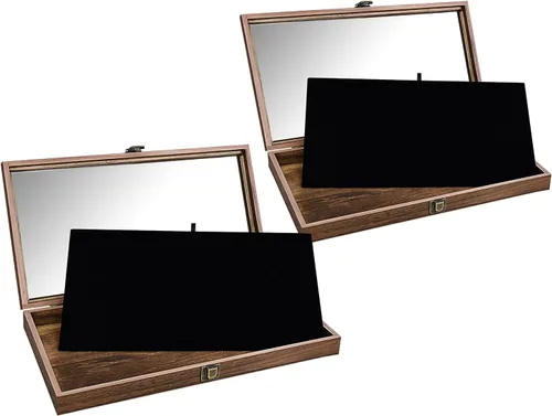 Vista 13 de MOOCA Estuche de exhibición de joyería de madera con tapa de vidrio templado y almohadilla de exhibición de joyería de terciopelo MDF lujoso negro