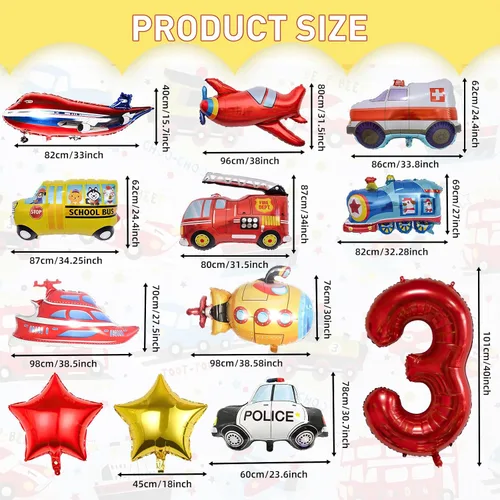 Vista 2 de 12 globos de transporte, camión, avión, autobús escolar, camión de bomberos, coche de policía, barco, ambulancia, submarino, globo de papel