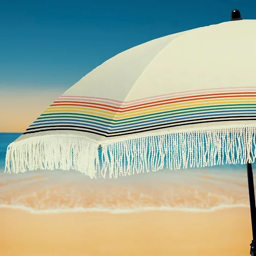 Vista 22 de Sombrilla de playa para arena, resistente al viento, con bolsa de anclaje de arena, portátil, flecos, bolsa de mezclilla, cuenta con parte inferior