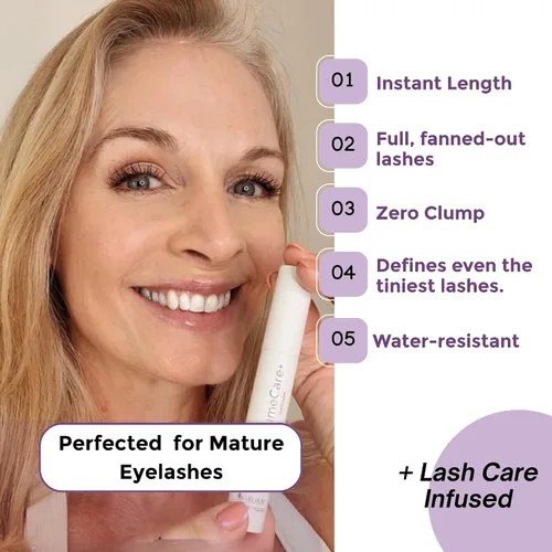 Vista 2 de Rumi Cosmetiques VolumeCare+ Máscara de pestañas para mujeres maduras, fórmula 2 en 1 de longitud y volumen extremos, sin grumos ni descamaciones