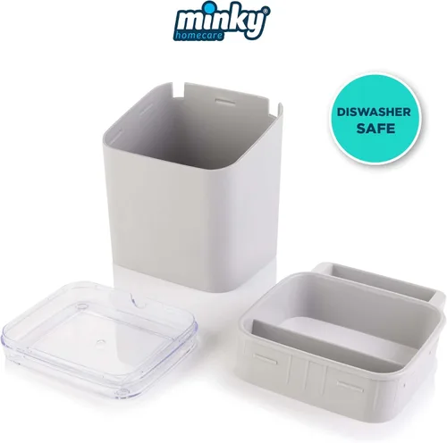Vista 3 de Minky Homecare Organizador de esponja para fregadero con bandeja extraíble, riel para paños y boquilla de drenaje, organizador de huellas pequeñas