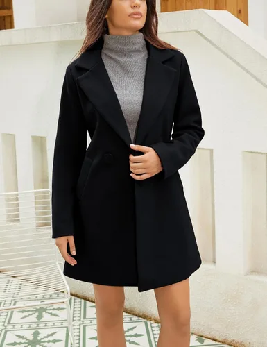 Vista 2 de Springrain Women's Wool Pea Coat Notched Collar Double Breasted Midi Long Trench Coat Outwear
