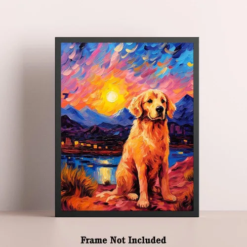 Vista 5 de Bestbuddy Pet 8 x 10 sin marco noche estrellada inspirada Golden Retriever perro senderismo leal amigo familia animal mascota familia pintura al