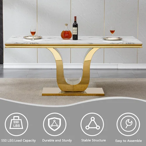 Vista 6 de Juego de mesa de comedor de mármol sintético de oro blanco de 70 pulgadas para 4, 5 piezas rectangulares de cocina y comedor con base de acero