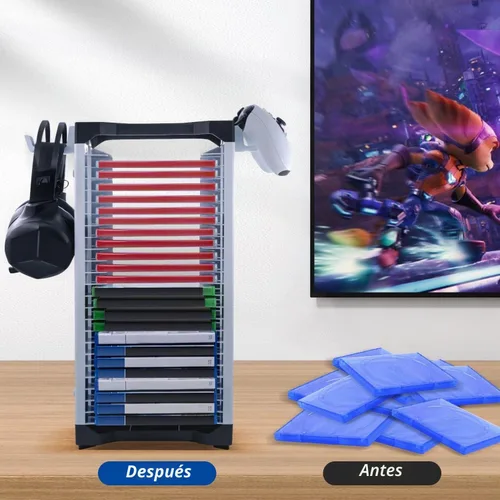 Vista 8 de Mcbazel Torre de soporte de almacenamiento de videojuegos para PS5/PS4/NS Switch/Switch2/Xbox, almacenamiento de disco de videojuegos y controlador