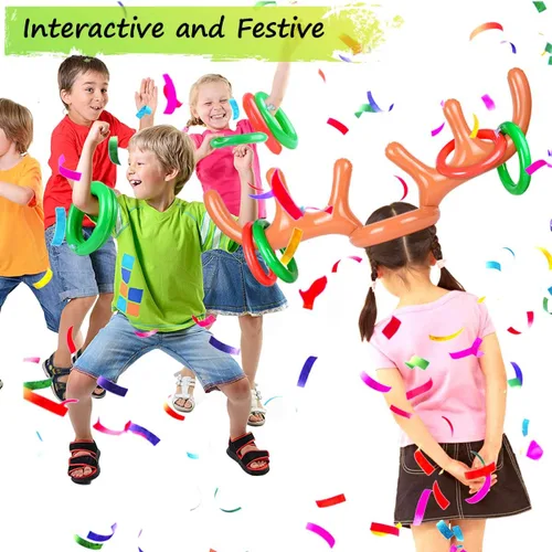Vista 5 de 2 juegos de cuernos inflables de reno para lanzar anillos, juegos de Navidad para fiesta familiar, ideal para adultos y niños