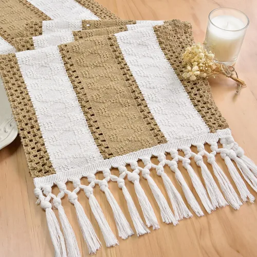 Vista 44 de FEXIA Camino de mesa bohemio para decoración del hogar, 12 x 72 pulgadas, decoración rústica de macramé Beige