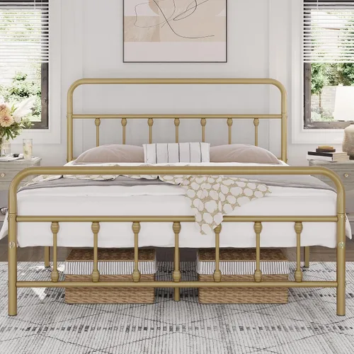 Vista 28 de Yaheetech Base de cama con plataforma de metal, cabecero y estribo Bronce