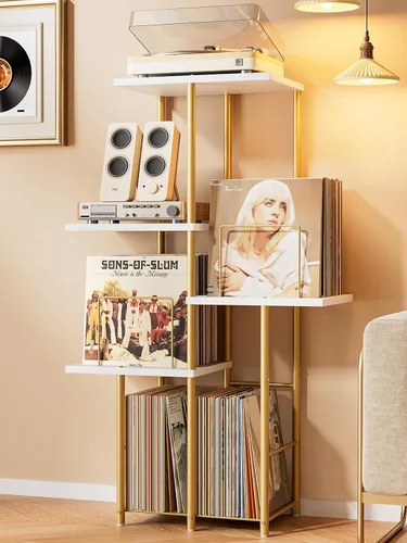 Vista 9 de Soporte para Tocadiscos, Soporte de Almacenamiento de Discos de Vinilo con Estante de Exhibición, Mesa de Soporte para Tocadiscos con Divisores