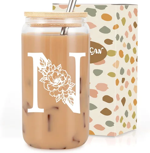 Vista 8 de Taza de Vidrio Inicial Coolife, Regalos Personalizados para Mujeres, Tazas de Vidrio de 16 oz con Tapas y Popotes, Taza para Café Helado, Licuado