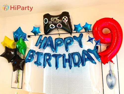 Vista 7 de Globos azules de letras de papel de aluminio de Mylar de 16 pulgadas con 6 globos de estrella, decoraciones de fiesta de feliz cumpleaños