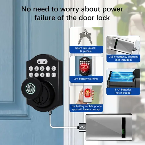 Vista 6 de Cerradura inteligente de puerta de huellas dactilares, cerrojo de entrada sin llave con teclado electrónico, control de aplicación Bluetooth, Negro