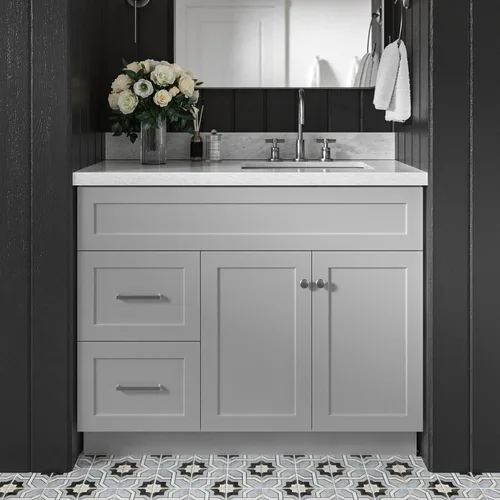 Vista 18 de DKB Bradford - Mueble de baño individual negro de 42 pulgadas con fregadero rectangular, encimera de mármol italiano de carrara con borde de 1.5