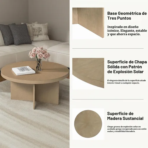 Vista 5 de Martha Stewart Sadie - Mesa de centro redonda – Parte superior de chapa Starburst, acabado de madera gris recuperada, acento moderno para sala