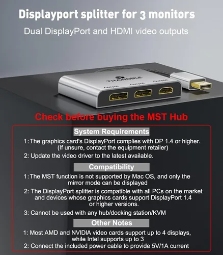 Vista 4 de DisplayPort a Dual DisplayPort con adaptador HDMI 4K a 60Hz, pantalla extendida 1 en 3 salidas MST Hub para múltiples monitores compatible con PC