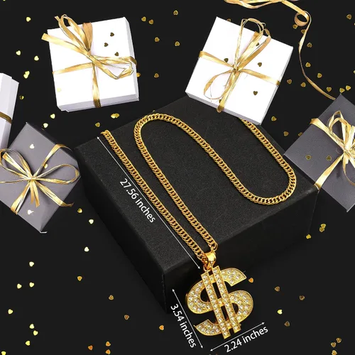 Vista 3 de Yinkin Collar de cadena de oro con colgante de signo de dólar para hombres, collar de rapero hip hop