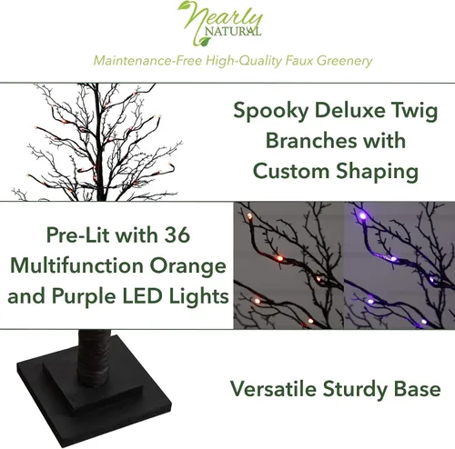 Vista 2 de Nearly Natural Árbol artificial de ramita negra de lujo preiluminado de 3 pies con 36 luces LED naranjas y moradas