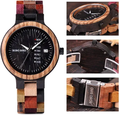Vista 3 de BOBO BIRD Wood Watches Colorful Wood WristWatches Week & Date Display Multifunction Handmade Quartz Watch Sport Chronograph Unique Wristwatch for
