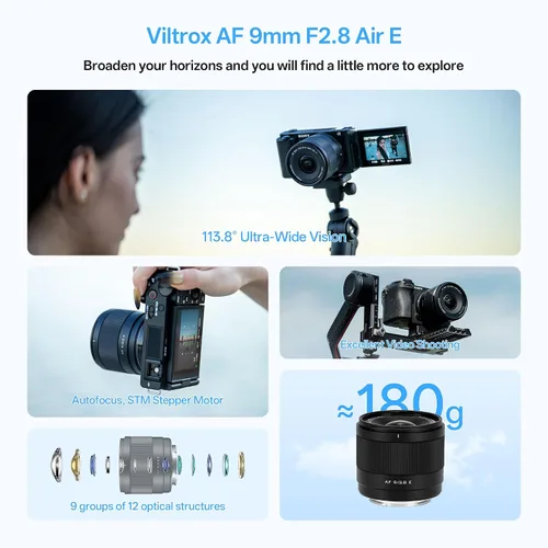 Vista 3 de Viltrox AF 9mm F2.8 Air APS-C lente para Sony E Mount, lente STM de enfoque automático de retrato de gran angular ultra amplio de 113.8° compatible